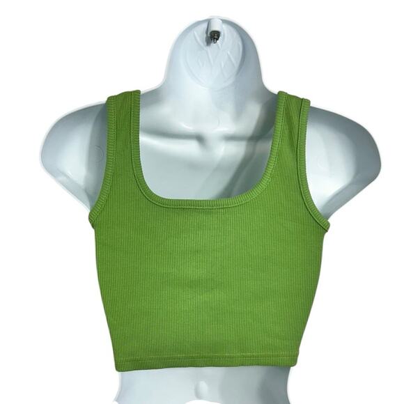 Green Ribbed Crop Tank Top Sz M Fitted Stretch Casual Blouse Cotton Blend - Picture 5 of 6